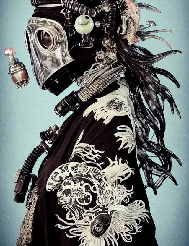 Image similar to 3 d goddess close - up profile punk portrait with vintage gas mask ram skull. beautiful intricately detailed japanese crow kitsune mask and clasical japanese kimono. betta fish, jellyfish phoenix, bio luminescent, plasma, ice, water, wind, creature, artwork by tooth wu and wlop and beeple and greg rutkowski