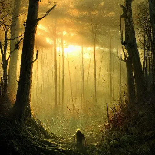 Prompt: view from window of beautiful forest with a sunset, high detail, dramatic light, digital art, dark, painted by seb mckinnon and greg rutkowski, trending on artstation