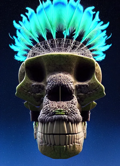 Prompt: 3 d ape shaman profile portrait, sigma 5 0 0 mm f / 5. beautiful intricate highly detailed quetzalcoatl skull and feathers. bioluminescent, plasma, lava, ice, water, wind, creature, thunderstorm! artwork by tooth wu and wlop and beeple and greg rutkowski, 8 k trending on artstation,