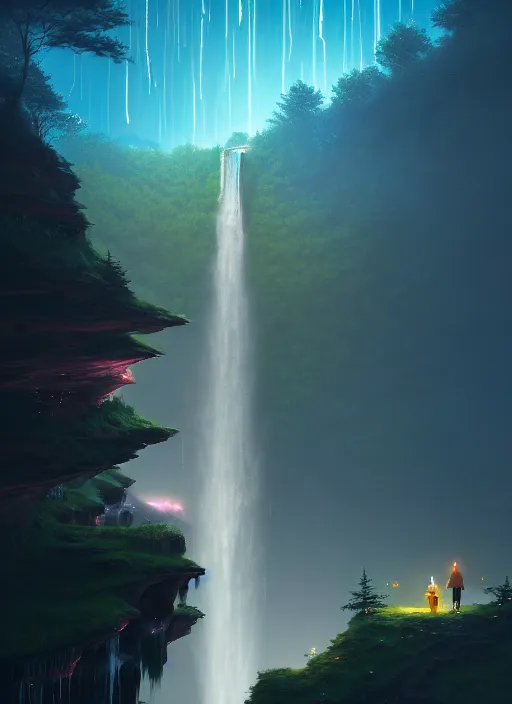 Image similar to a long capture photo of a magical waterfall, high cliff, night, stars in the sky cinematic lighting, insanely detailed, intricate, artstation, cgsociety, painted by Simon Stalenhag, concept art, illustration, sharp focus,Gediminas Pranckevicius