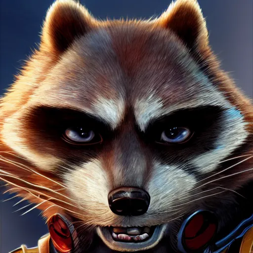 Prompt: rocket raccoon from the guardians of the galaxy movie, portrait, digital painting, artstation, highly detailed