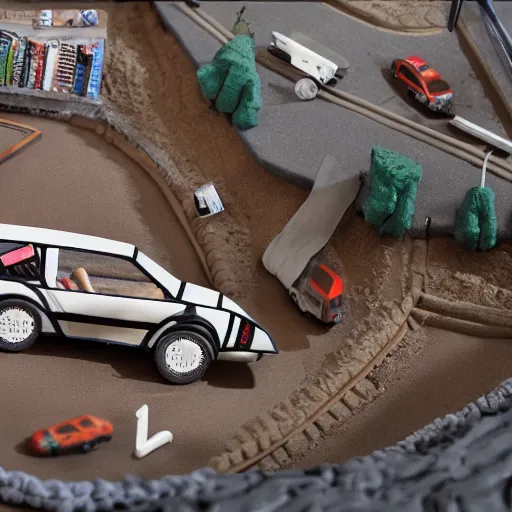 Prompt: diorama made of clolorful clay, back to the future with Marty McFly, flying delorean, hyperdetailed photo, 8k