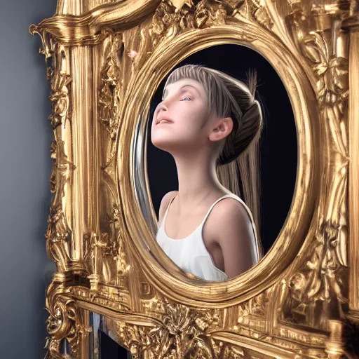 Image similar to an old hag is brushing her hair in front of an ornate mirror, the reflection is of a beautiful young girl, hyper detailed, 4 k octane render