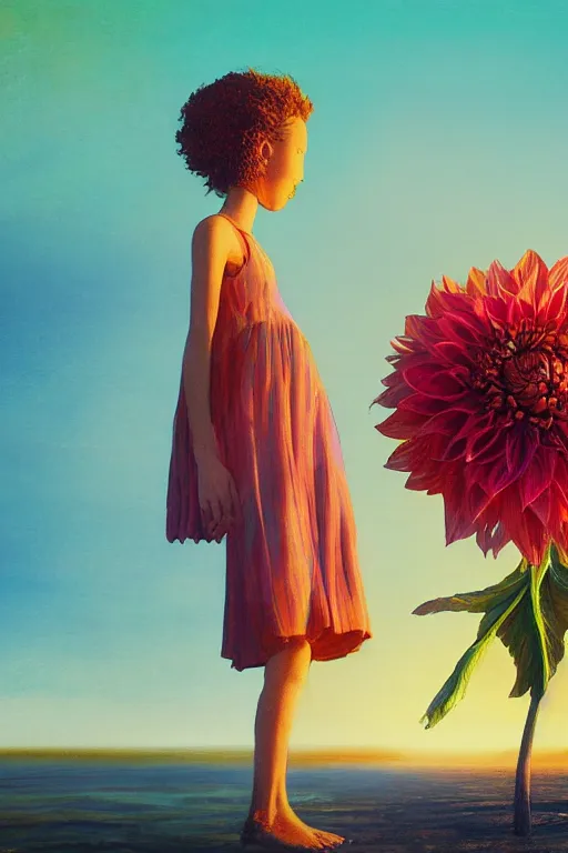 Image similar to closeup giant dahlia flower head, girl standing on beach, surreal photography, blue sky, sunrise, dramatic light, impressionist painting, digital painting, artstation, simon stalenhag