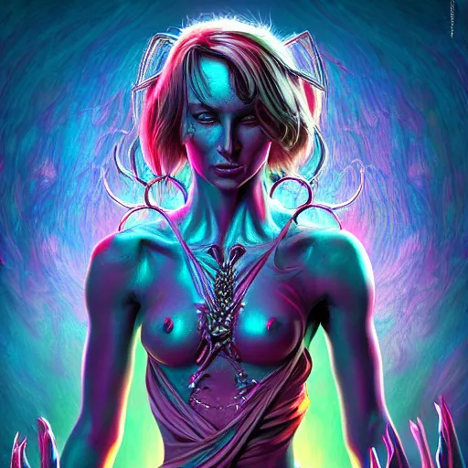 Image similar to Photorealistic demon goddess In the style of Michael Whelan. Hyperdetailed photorealism, 108 megapixels, amazing depth, glowing rich colors, powerful imagery, psychedelic Overtones, 3D finalrender, 3d shading, cinematic lighting, artstation concept art