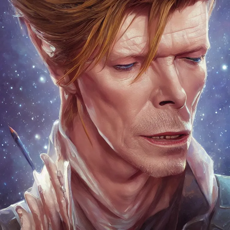 Image similar to portrait of David Bowie, fantasy, intricate, elegant, highly detailed, digital painting, artstation, concept art, smooth, sharp focus, illustration, art by artgerm and greg rutkowski and alphonse mucha