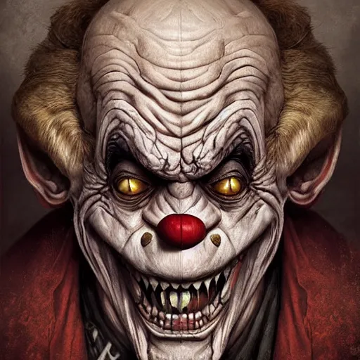 Image similar to digital painting of a wrinkled old scary clown by filipe pagliuso and justin gerard, fantasy, highly, detailed, realistic, intricate