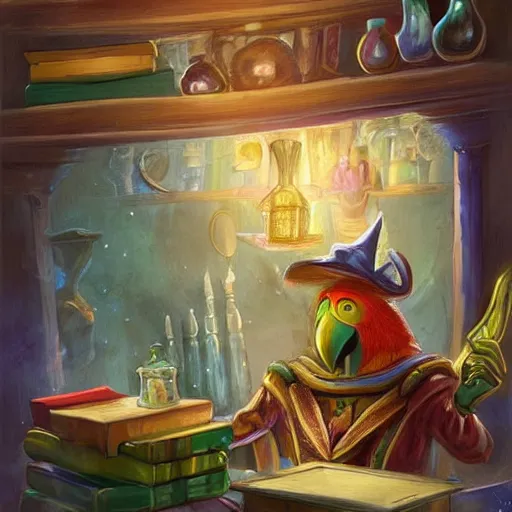 Image similar to Magic the gathering artwork of Anthropomorphized parrot trader in his shop, shelves full, selling a gem, portrait, items, magic potions, carpet, window, fancy funny hat, sly expression , cunning expression, cute expression, presenting magic gem, D&D, fantasy, cinematic lighting, highly detailed, digital painting, artstation, concept art, smooth, sharp focus, illustration, warm light, cozy warm tint, magic the gathering artwork, volumetric lighting, 8k, no gold, no gold colours, art by Akihiko Yoshida and Greg Rutkowski