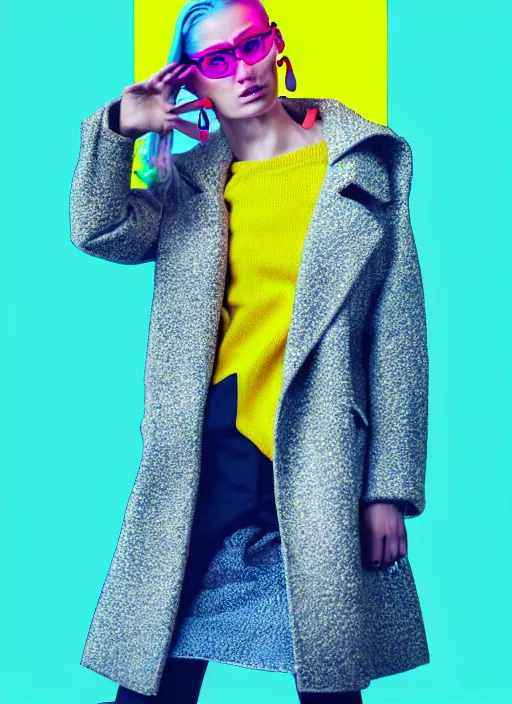 Prompt: coat for a rave,glasses,hairstyle, earrings, bright soft colors, soft yellow background, many details, prints, photo for a magazine, photo for a store, fashion photography, Vogue, 135 mm, cinematic, hyper realism, high detail, octane render, 8k, chrome accents, very coherent symmetrical artwork, perfect face model, Soft light, Reduced contrast