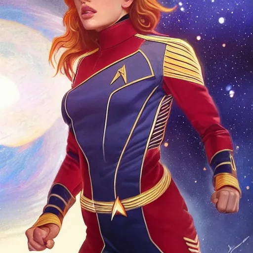 Image similar to ultra realistic illustration, bella thorne as captain wearing star trek uniform, intricate, elegant, highly detailed, digital painting, artstation, concept art, smooth, sharp focus, illustration, art by artgerm and greg rutkowski and alphonse mucha