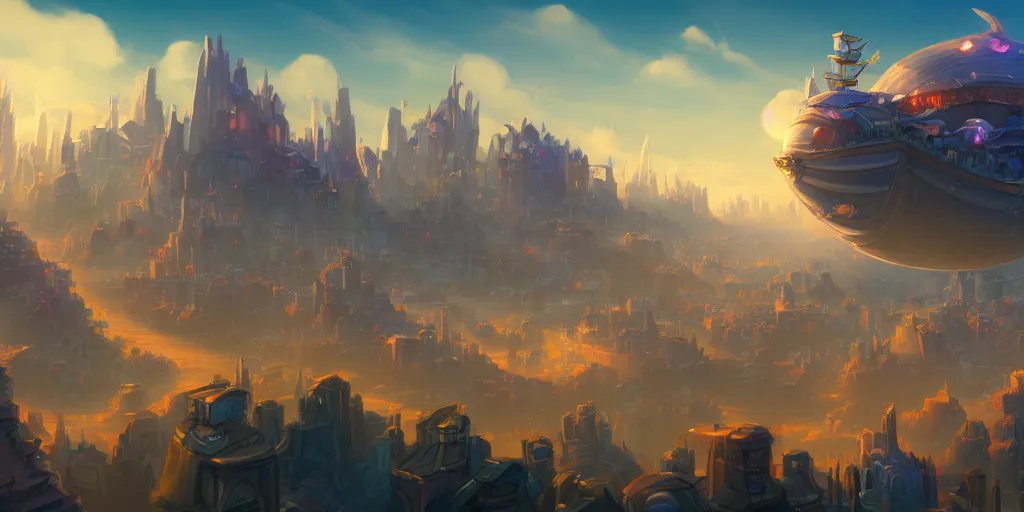 Image similar to the city in the of piltover, in the style from netflix's arcane, blimps in the sky, blue skies, soft clouds, trending on artstation