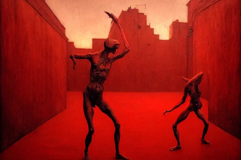 Image similar to only with red, a red tiger, rome in the background, medieval demons dance, an ancient path, in the style of beksinski, part by hopper, part by rodcenko, part by hofbauer, intricate composition, red by caravaggio, insanely quality, highly detailed, masterpiece, red light, artstation