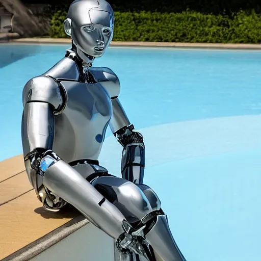 Prompt: a realistic detailed photo of a guy who is an attractive humanoid who is half robot and half humanoid, who is a male android, french presenter cyril gossbo, shiny skin, posing like a statue, blank stare, by the pool, on display, showing off his muscles, humanoid robot, frozen ice statue
