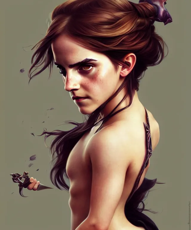 Image similar to Emma Watson as pudge from dota 2, sci-fi, amber eyes, face, long hair, fantasy, intricate, elegant, highly detailed, digital painting, artstation, concept art, smooth, sharp focus, illustration, art by artgerm and greg rutkowski and alphonse mucha