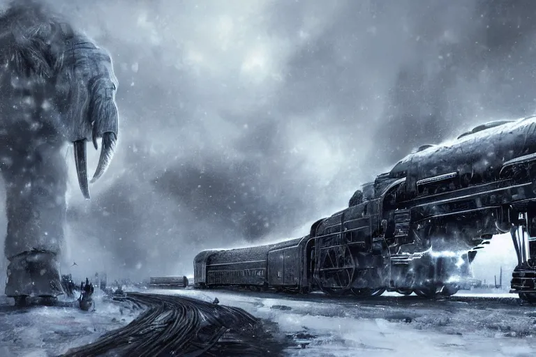 Prompt: a grand intricate futuristic black steam train and a giant mammoth, post - apocalyptic ice landscape in snowstorm, concept art, artstation, highly detailed, digital art