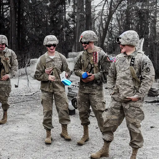 Image similar to a group of fox animals dressed in modern american military soldier uniforms, laughing at a computer, 8 5 mm f / 1. 4