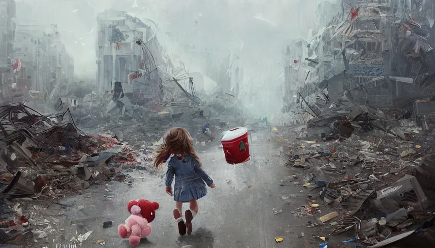 Prompt: back view of little girl and her teddy bear crossing destroyed washington dc's streets, debris, collapsed buildings, cloudy day, hyperdetailed, artstation, cgsociety, 8 k