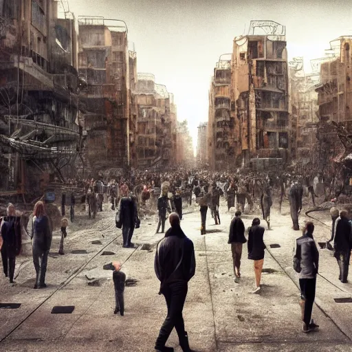 Image similar to hordes of drone-like people aimlessly walking around a depressing dystopian cityscape , trending on artststion, hyper realistic, surreal, melancholic, 8k, upscaled