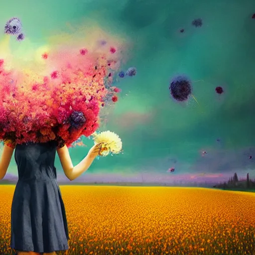 Image similar to girl with an exploding blooming flower for a head, surreal photography, dream, standing in flower field, magical, in a valley, sunrise dramatic light, impressionist painting, colorful clouds, artstation, simon stalenhag, blooming flower face