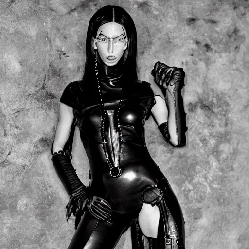 Image similar to fashion photography of an extraterrestrial model, holding a leather whip, wearing demobaza fashion, inside berghain, berlin fashion, harness, futuristic fashion, dark minimal outfit, photo 3 5 mm leica, hyperdetail, berghain, 8 k, very detailed, photo by nick knight