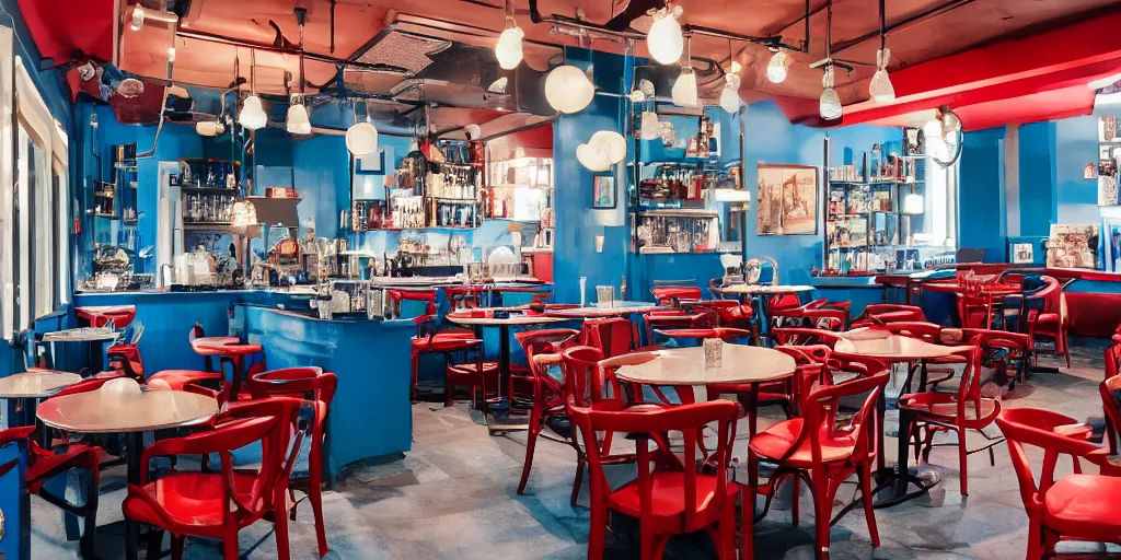 Prompt: cafe interior, blue and red tones