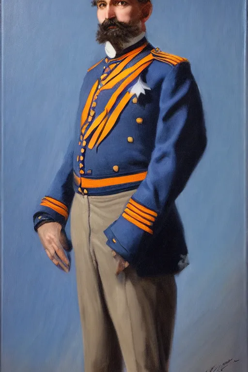 Prompt: full body portrait of the dictator of the oklahoma city thunder, 1 8 8 9, in full military garb, thunder blue, sunset, navy blue, oil on canvas by william sidney mount, trending on artstation