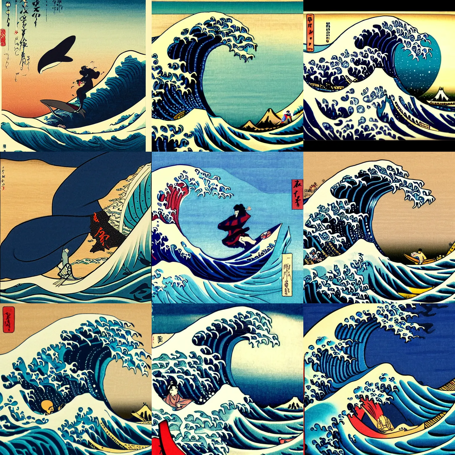 Prompt: the wave ukiyo - e style, with whale and surfer, artstation