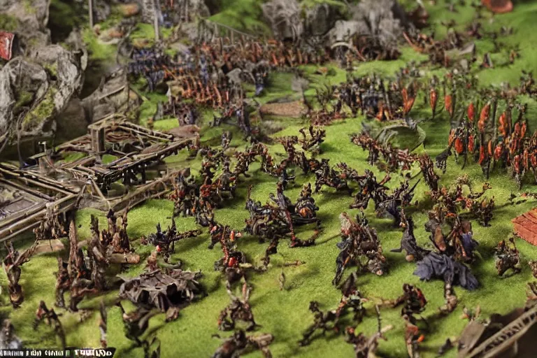 Image similar to photo taken of an epic intricate, ultra detailed miniature modular, battlefield diorama created by weta workshop, zoomed in shots focussing an army of high elves battling a horde of orcs, with highly detailed exquisitely painted 3 d printed characters, cinematic wide shot, photorealistic, sharp focus, f 0. 4, golden ratio, golden hour