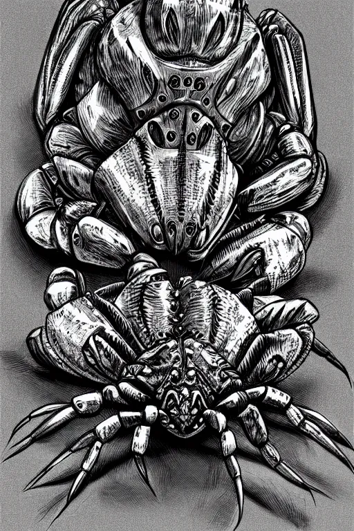 Prompt: crab humanoid heavily armoured, symmetrical, highly detailed, digital art, needles, hermit crab, chitin, sharp focus, trending on art station, kentaro miura manga art style