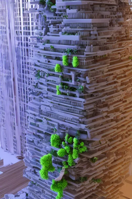 Prompt: 3 d printed physical model organic flowy including more than one city into one vertical building model that sits on a table in a room with a viewand lights in the back, multiple stories, transparent, with vegetation, colorful, eye - level view, 8 0 k, octane render, highly detailed 3 d render,