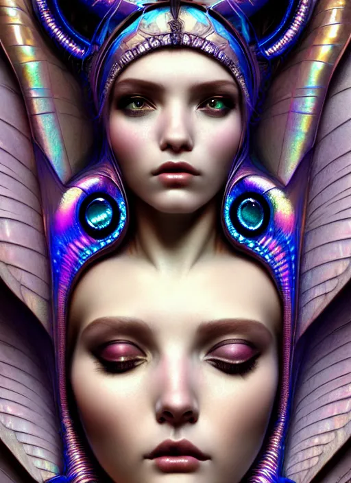 Prompt: hyperrealistic detailed portrait of a beautiful goddess in an iridescent cyber headdress, intricate cyberpunk make - up, art by android jones, john william godward, nekro borja, alphonso mucha, h. r. giger, ornamental gothic - cyberpunk,