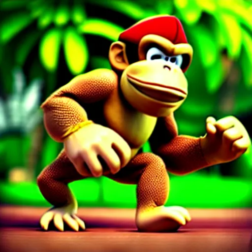 Image similar to Donkey Kong stepping on a banana. The banana is on the ground, Donkey Kong is above the banana. 3D render