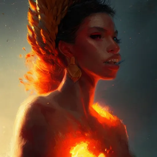 Image similar to a beautiful portrait of a fire goddess by greg rutkowski and raymond swanland, trending on artstation, flaming background, ultra realistic digital art