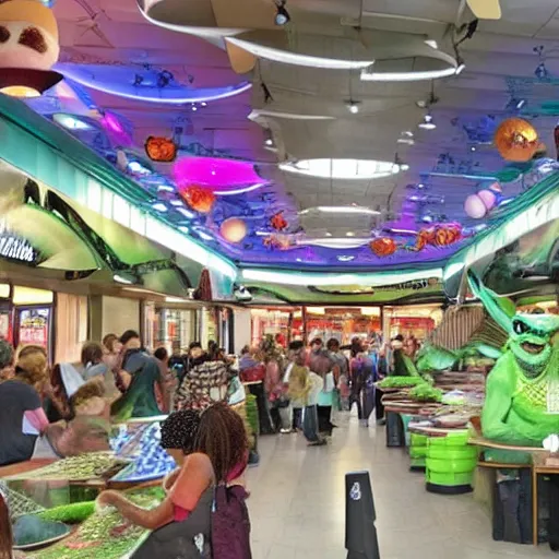 Image similar to extraterrestrial food court at mall on another planet, Jim Henson creature shop, highly detailed