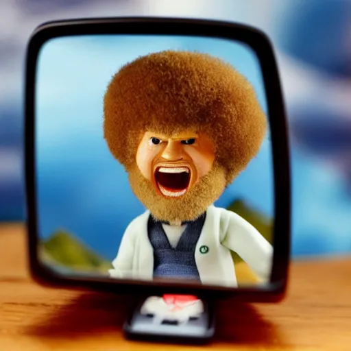 Image similar to a screaming angry bob ross doll in rear view mirror