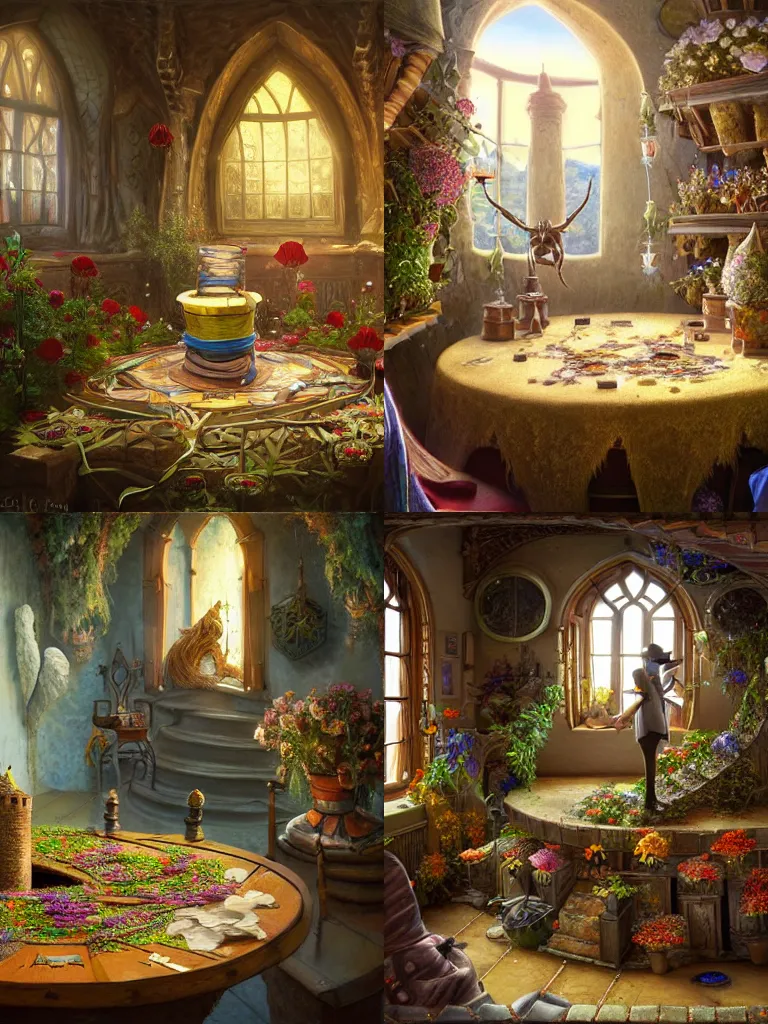 Prompt: a magician in his tower. table full of magical artifacts. weeds and flowers growing on the floor and roof. intricate, elegant, highly detailed, digital painting, artstation, concept art, sharp focus, illustration, by justin gerard and artgerm, 8 k
