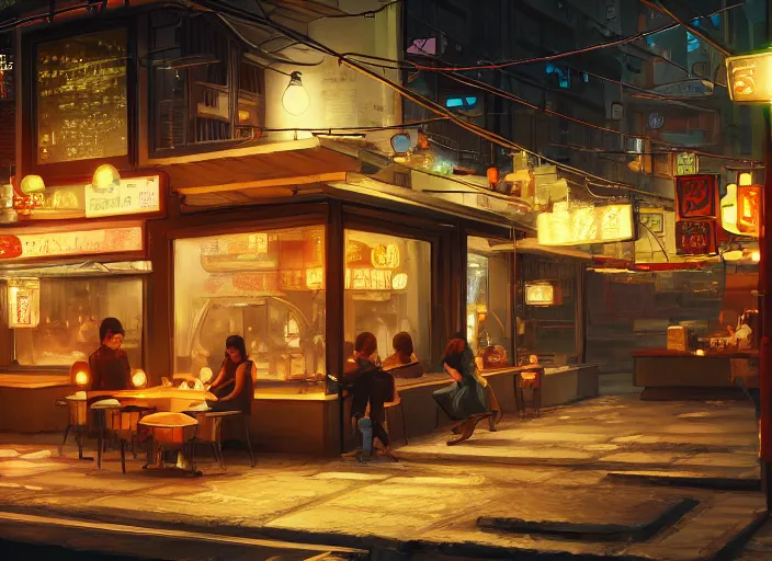 Image similar to seen through a window!! a small cozy ramen restaurant in a busy thriving cyberpunk street at night, trending on cgsociety, unreal engine, 4 k wallpaper