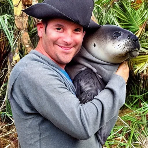 Prompt: incredibly fantastically stupendously fluffy tiny winged pygmy baby manatee seal hybrid being cradled by a nice pirate captain on an island, realistic, fantasy, pet, adorable, national geographic