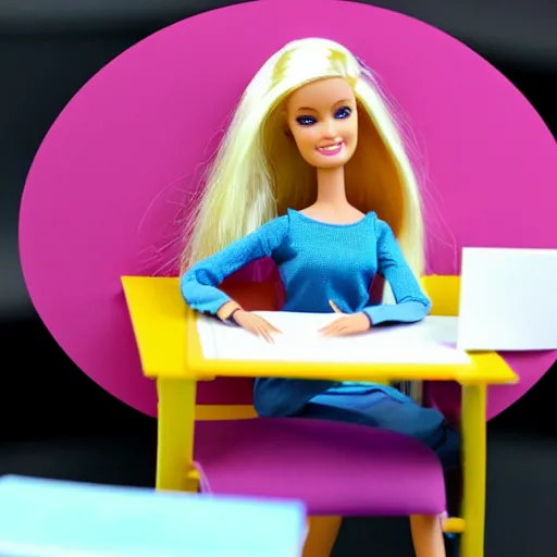 Image similar to a tired!!!!!!!! and sad!!!!!!!!! barbie doll sits at a desk in her office. the desk is overflowing!!! with several large stacks!!! of paper that surround!!! her entirely. her head is resting on her hand, photorealistic,