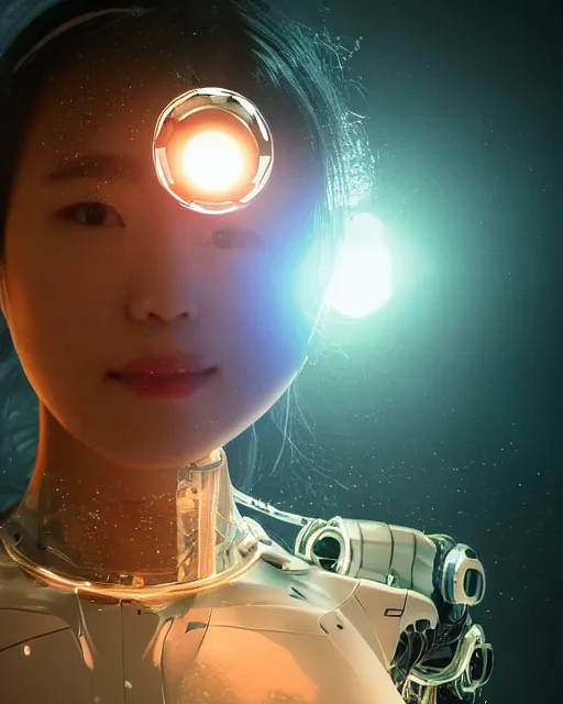 Image similar to beautiful centered photo portrait of hoyeon jung as a solarpunk robotic humanoid with white mechanical parts with bright halogen lights, walking through calm water, ultra - realistic and detailed, sunset lighting, soft focus, slow exposure hdr 8 k