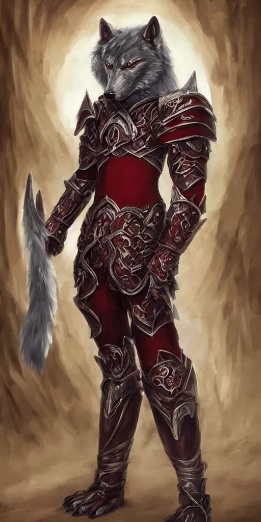 Prompt: beautiful, highly detailed, anthropomorphic elegant crimson wolf knight furry in armor, magic the gathering