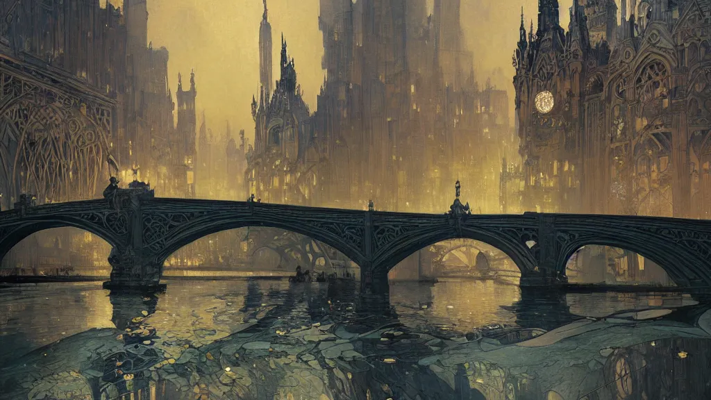 Image similar to a beautiful painting of the view from the river of a city of bridges and arches, with art nouveau architecture, at night with a sky full of stars, intricate, elegant, highly detailed, digital painting, artstation, concept art, by krenz cushart and artem demura and alphonse mucha