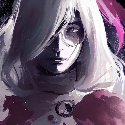 Prompt: highly detailed portrait of a hopeful young astronaut lady with a wavy blonde hair, by Dustin Nguyen, Akihiko Yoshida, Greg Tocchini, Greg Rutkowski, Cliff Chiang, 4k resolution, nier:automata inspired, persona 5 inspired, dishonored inspired, vibrant but dreary but upflifting magenta, black and white color scheme!!! ((Space nebula background))