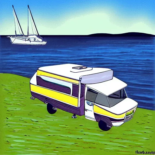 Prompt: class a motorhome on the grass by the harbor in maine, rocky coast, sailboats in the water, tiny village, white background, digital cartoon painting art, 4 colors!!! trending on artstation