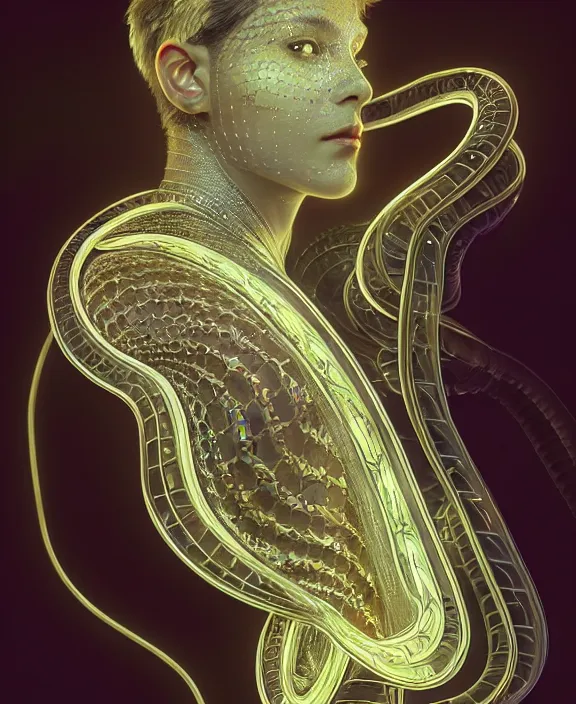 Image similar to intricate opulent transparent clear see - through portrait of handsome masculine snake, fractal, neon lights, circuitry, spaceport environment, ultra realistic, concept art, art nouveau, photorealistic, octane render, 8 k, unreal engine. art by nori inoguchi and sam kaplan and zachary goulko and christopher marley and artgerm and alphonse mucha