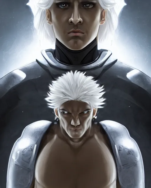 Image similar to perfect white haired egyptian male god, brute, nanosuit armor, beautiful, symmetric, dreamy, half african, black salamander eyes, charlize theron, detailed, scifi platform, laboratory, experiment, 4 k, ultra realistic, epic lighting, android body, illuminated, cinematic, masterpiece, art by akihito tsukushi, voidstar