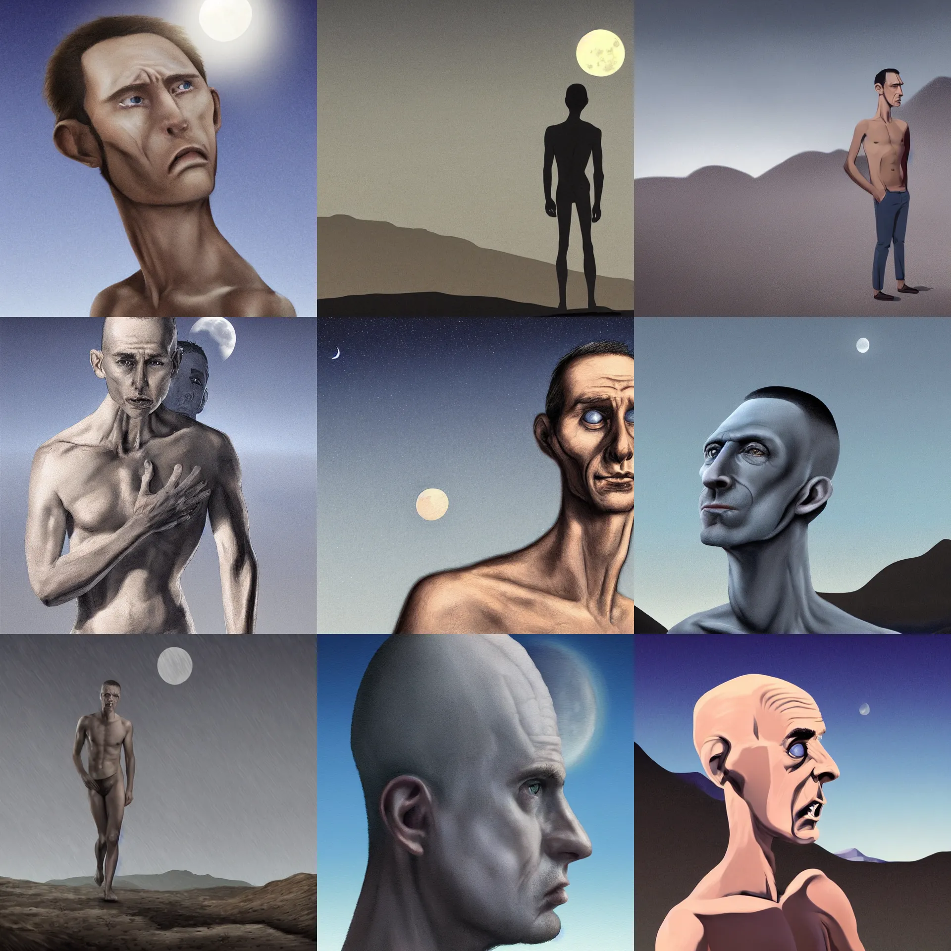 Prompt: Side view close up of a gaunt, skinny caucasian man, grey skin, with a large head and big eyes, a pronounced chin, a sad expression, shirtless, walking over a barren landscape at night. Hills and moon in the background. Dramatic lighting. Blue color palette. Stylish Digital art animated oil painting. Tim Burton style