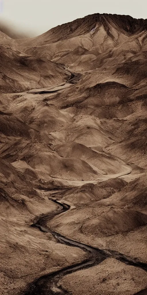 Image similar to dream looking through a hyper realistic photograph of abarren desert canyon, minimal structure, misty, raining, meditative, icelandic valley, river, in the style of reuben wu, roger deakins