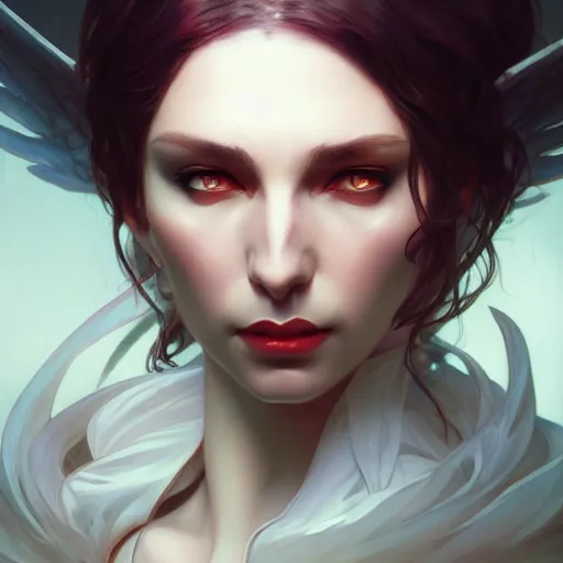 Image similar to Angel Vampire, highly detailed, digital painting, artstation, concept art, smooth, sharp focus, illustration, Unreal Engine 5, 8K, art by artgerm and greg rutkowski and alphonse mucha