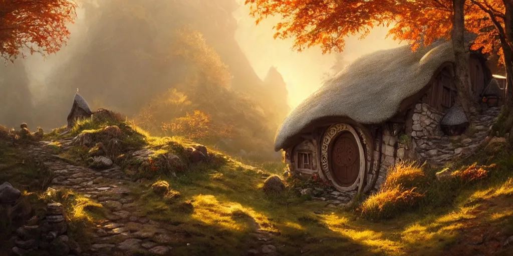 Image similar to a hobbit cottage on top of a steep hill, greg rutkowski, zabrocki, moebius, karlkka, jayison devadas, highly detailed, autumn sunlights, smoky atmosphere, ( ray of sunlight ), trending on artstation, 8 k, ultra wide angle, zenith view, pincushion lens effect